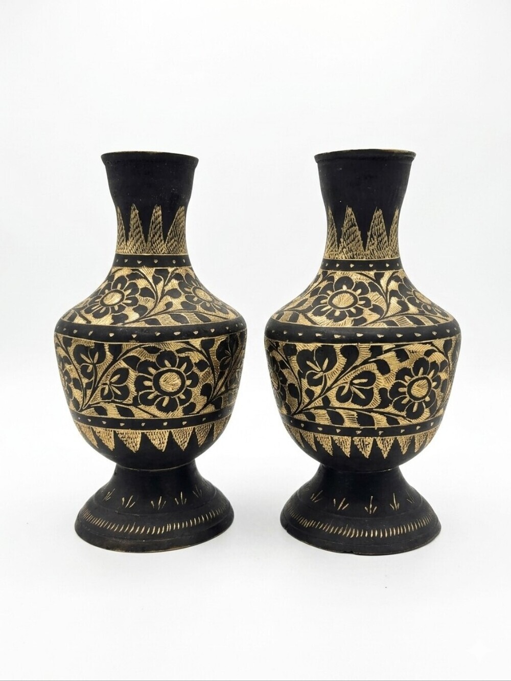 Vintage MCM Indian Brass Etched Floral Vases, Black & Gold Enamel Set of 2